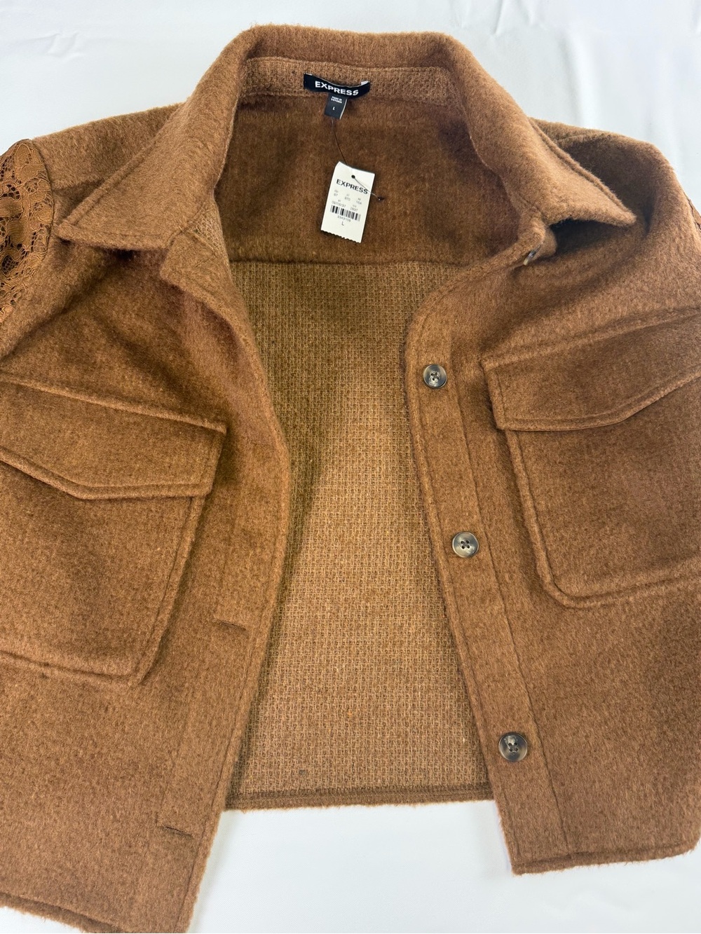 Express - Chic Brown Woven Lace-Sleeve Cropped Jacket NWT -Date night ready L - Picture 7 of 16